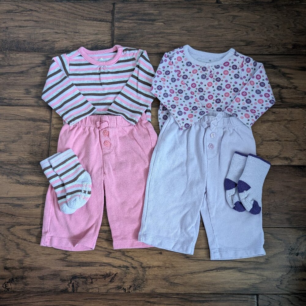 Old Navy matching long sleeve onesie and pants sets pink purple 0-3 months